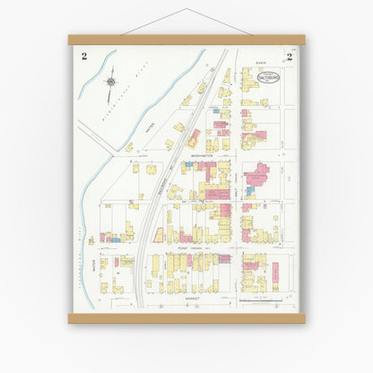 Old map wall art mockup — magnetic wood frame on white wall — Sanborn Fire Insurance Map from Saltsburg, Indiana County, Pennsylvania (1927), Sheet #0002