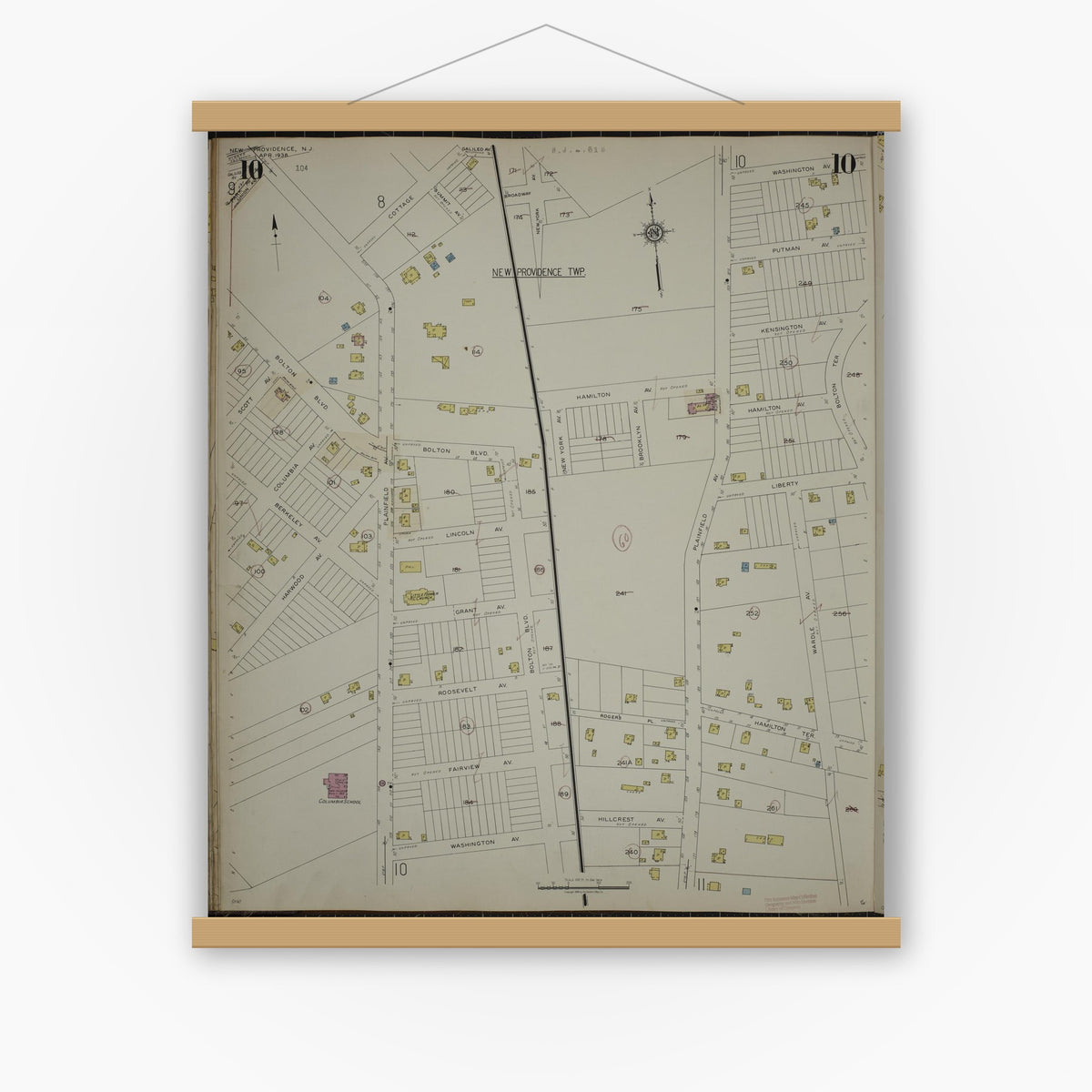 Old map wall art mockup — magnetic wood frame on white wall — Sanborn Fire Insurance Map from New Providence, Union County, New Jersey (1944), Sheet #0010