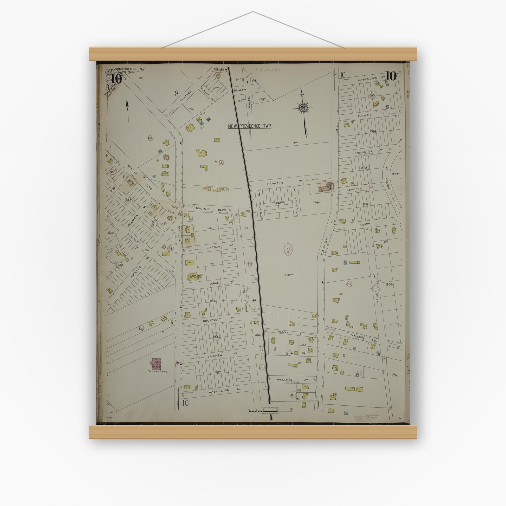 Old map wall art mockup — magnetic wood frame on white wall — Sanborn Fire Insurance Map from New Providence, Union County, New Jersey (1944), Sheet #0010
