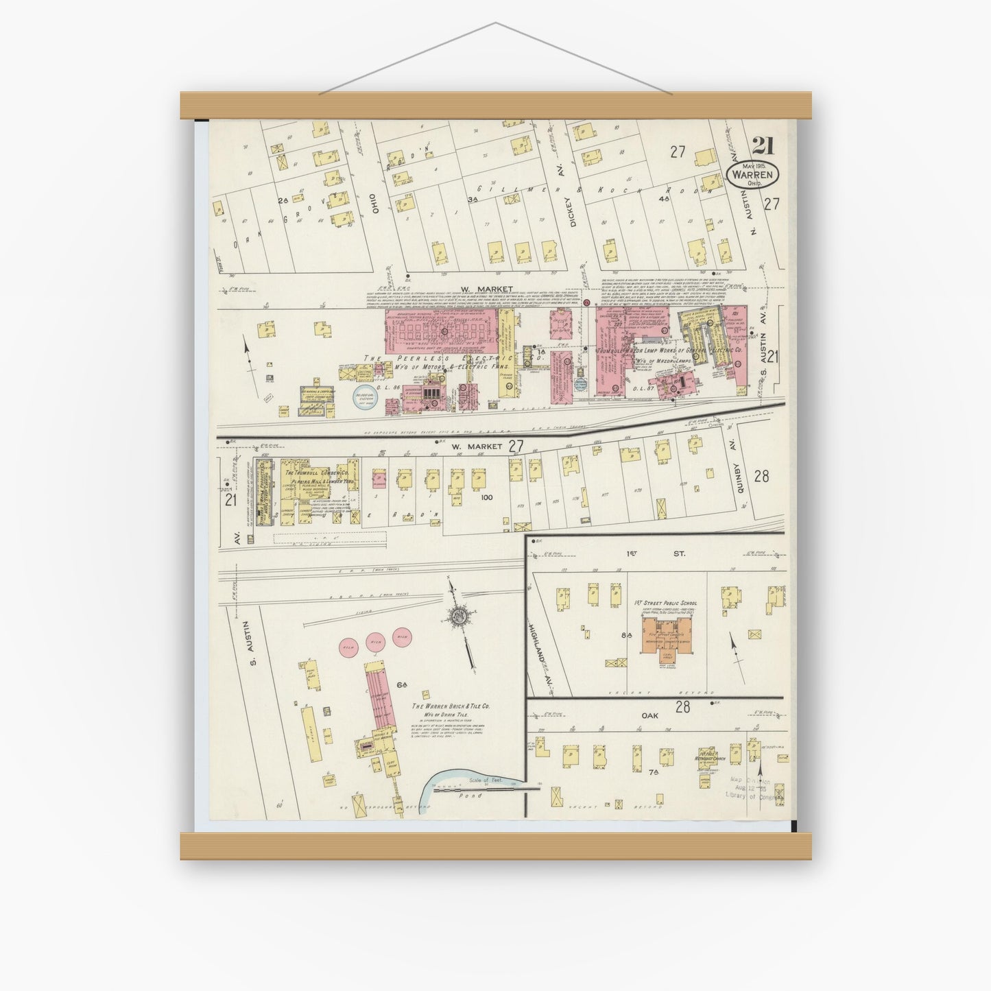 Old map wall art mockup — magnetic wood frame on white wall — Sanborn Fire Insurance Map from Warren, Trumbull County, Ohio (1915), Sheet #0021
