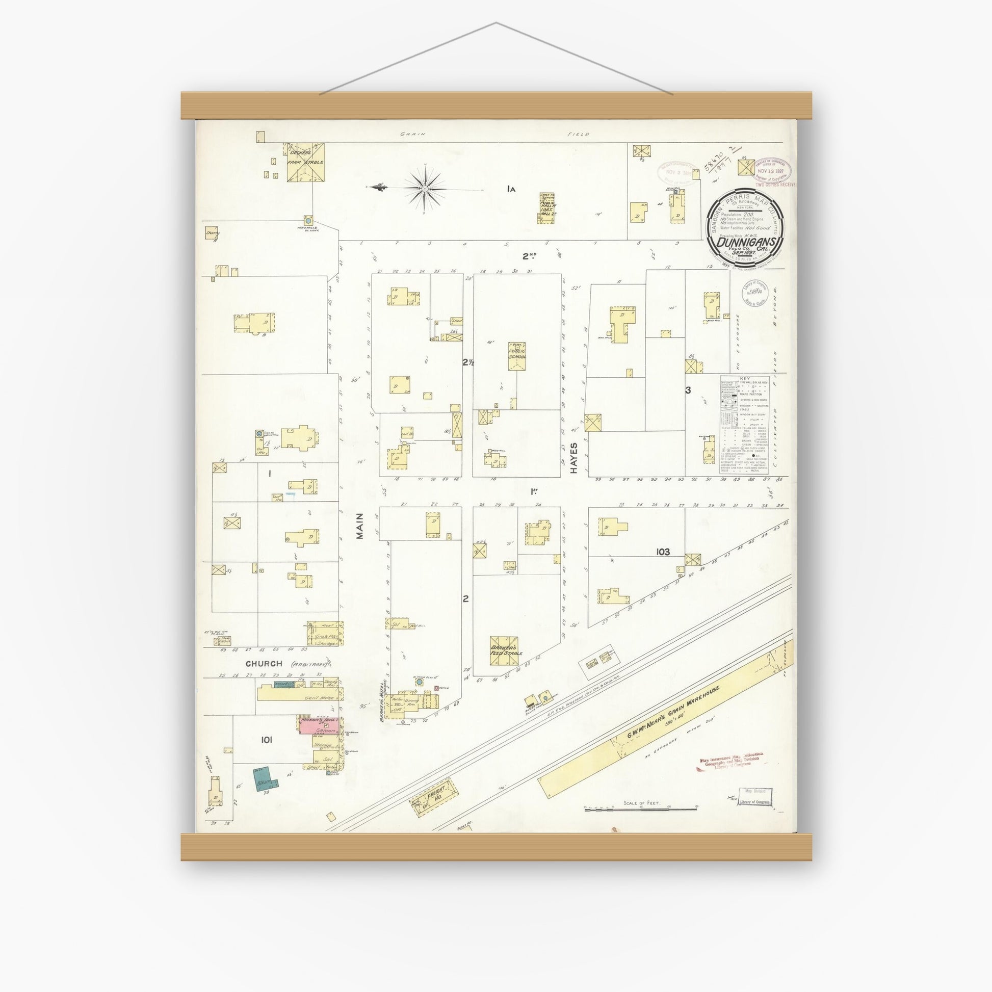 Old map wall art mockup — magnetic wood frame on white wall — Sanborn Fire Insurance Map from Dunnigan, Yolo County, California (1897), Sheet #0001