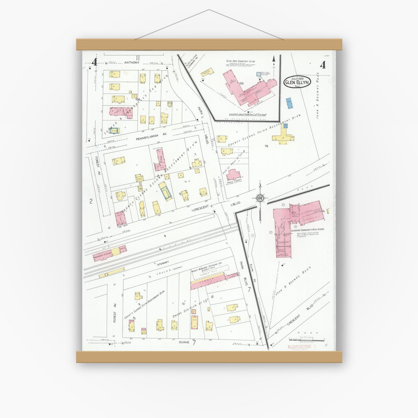 Old map wall art mockup — magnetic wood frame on white wall — Sanborn Fire Insurance Map from Glen Ellyn, Du Page County, Illinois (1929), Sheet #0004