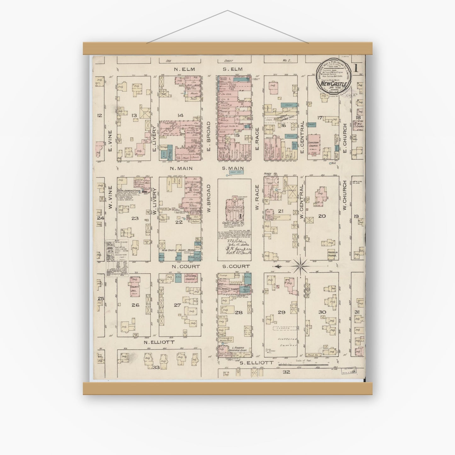 Old map wall art mockup — magnetic wood frame on white wall — Sanborn Fire Insurance Map from New Castle, Henry County, Indiana (1886) - Complete Map Set