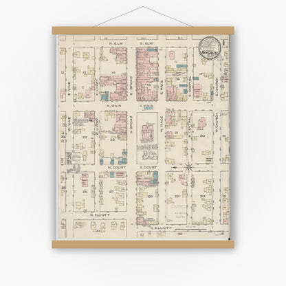 Old map wall art mockup — magnetic wood frame on white wall — Sanborn Fire Insurance Map from New Castle, Henry County, Indiana (1886) - Complete Map Set
