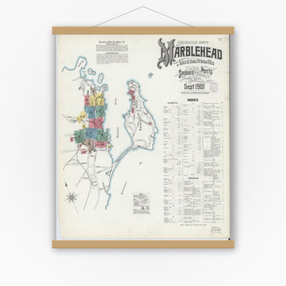 Old map wall art mockup — magnetic wood frame on white wall — Sanborn Fire Insurance Map from Marblehead, Essex County, Massachusetts (1901) - Complete Map Set