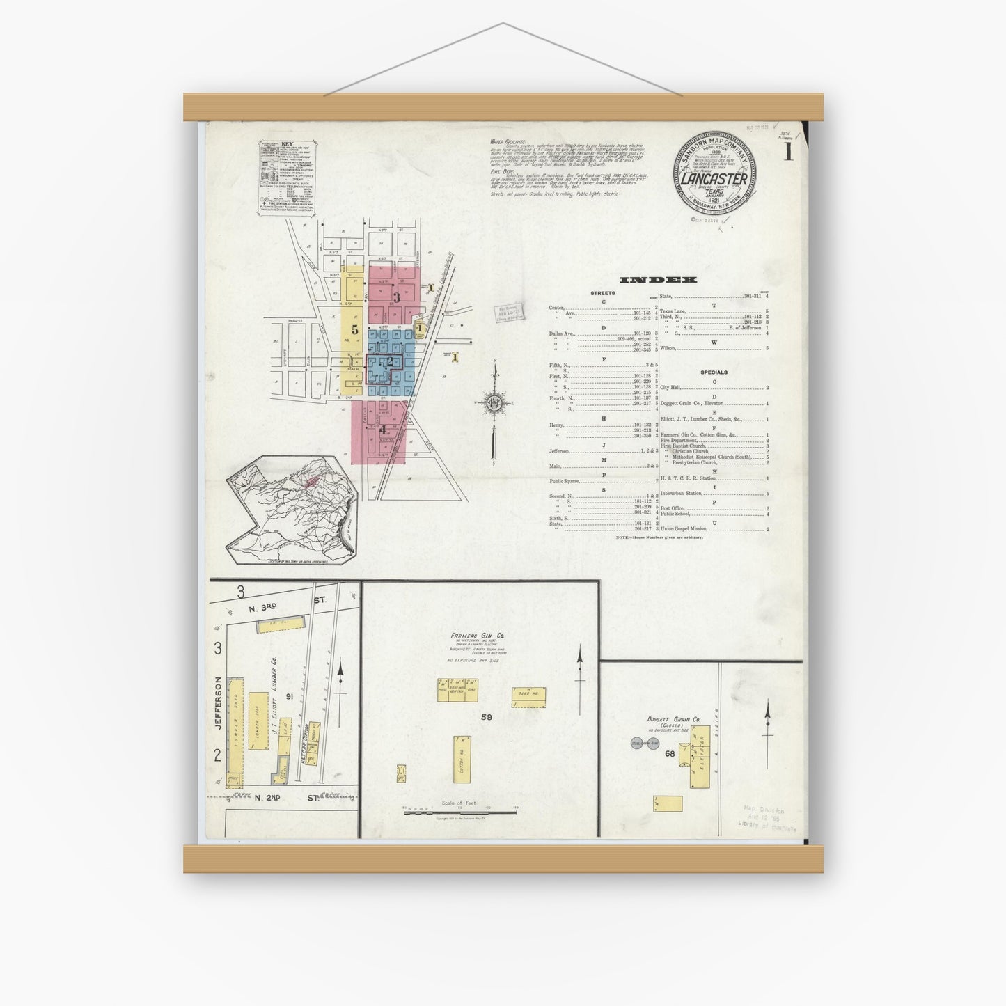 Old map wall art mockup — magnetic wood frame on white wall — Sanborn Fire Insurance Map from Lancaster, Dallas County, Texas (1921), Sheet #0001