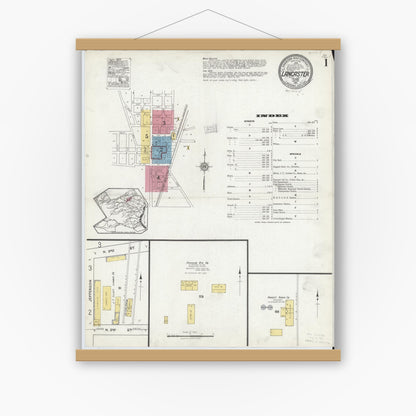 Old map wall art mockup — magnetic wood frame on white wall — Sanborn Fire Insurance Map from Lancaster, Dallas County, Texas (1921), Sheet #0001