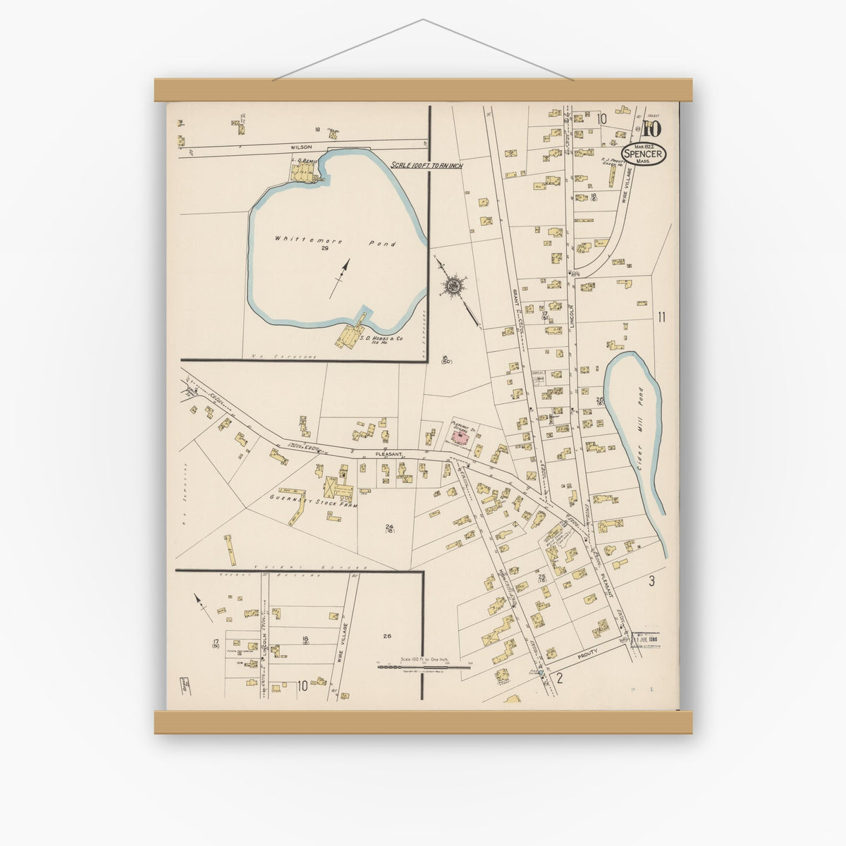 Old map wall art mockup — magnetic wood frame on white wall — Sanborn Fire Insurance Map from Spencer, Worcester County, Massachusetts (1922), Sheet #0010