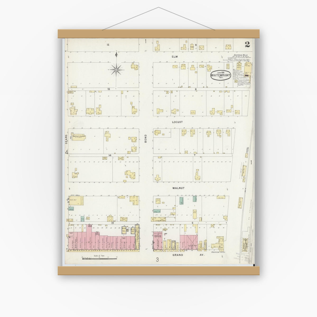 Old map wall art mockup — magnetic wood frame on white wall — Sanborn Fire Insurance Map from Whitewright, Grayson County, Texas (1896), Sheet #0002