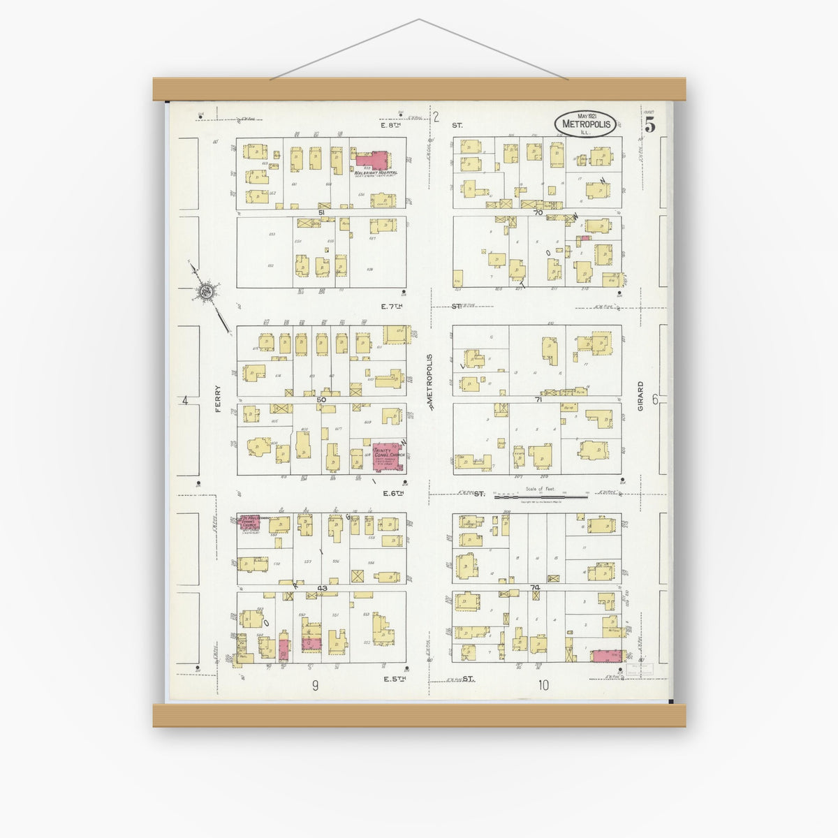 Old map wall art mockup — magnetic wood frame on white wall — Sanborn Fire Insurance Map from Metropolis, Massac County, Illinois (1921), Sheet #0005