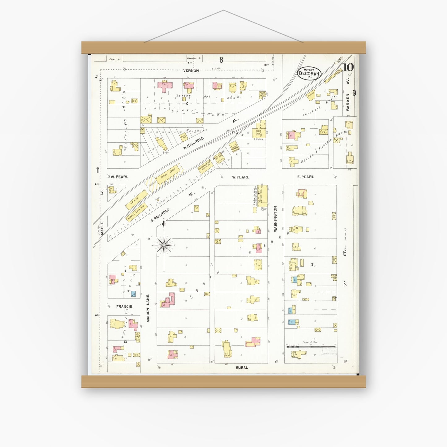 Old map wall art mockup — magnetic wood frame on white wall — Sanborn Fire Insurance Map from Decorah, Winneshiek County, Iowa (1902), Sheet #0010