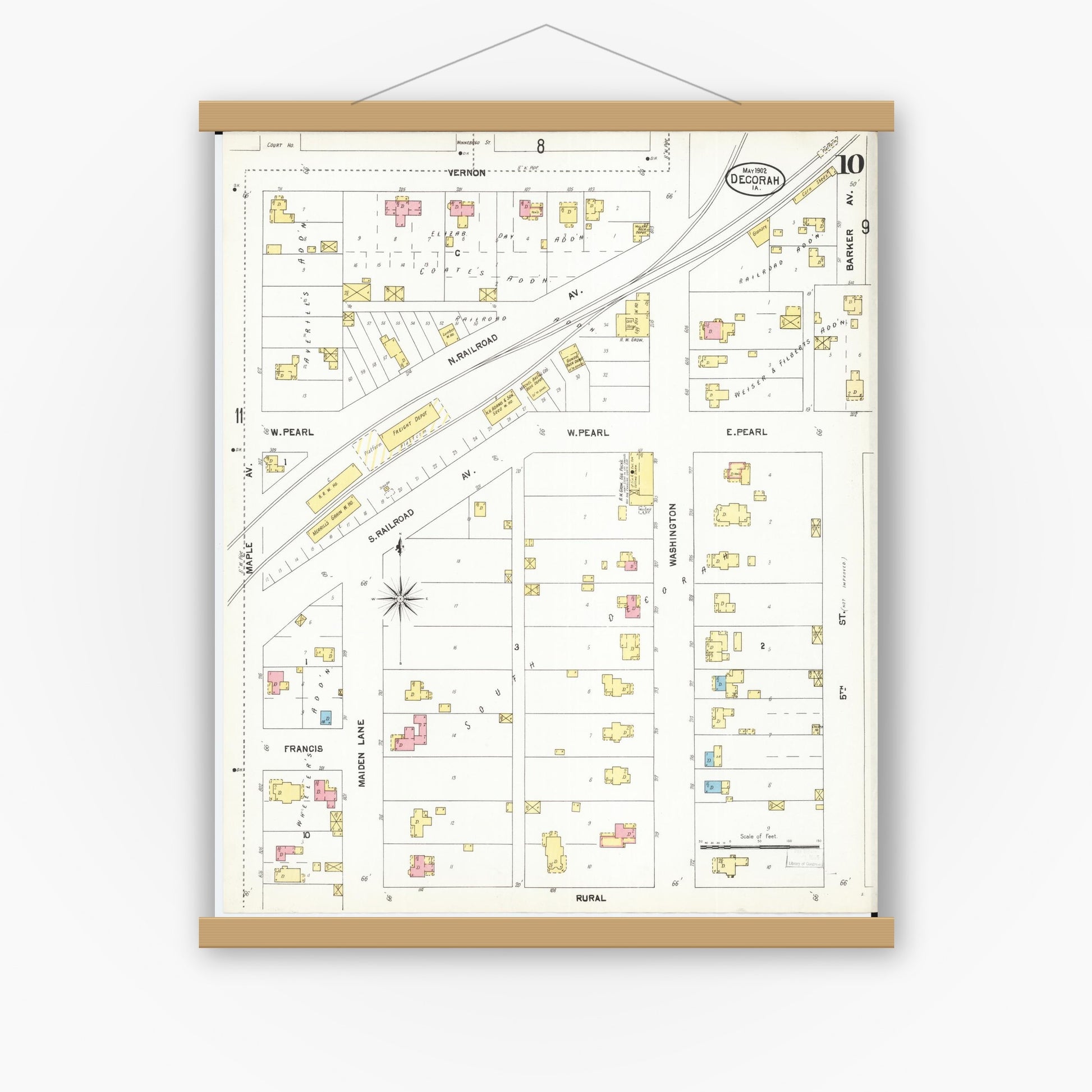 Old map wall art mockup — magnetic wood frame on white wall — Sanborn Fire Insurance Map from Decorah, Winneshiek County, Iowa (1902), Sheet #0010