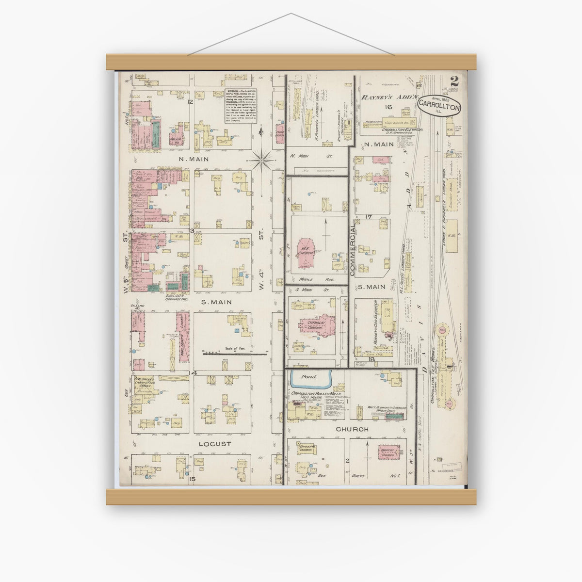 Old map wall art mockup — magnetic wood frame on white wall — Sanborn Fire Insurance Map from Carrollton, Greene County, Illinois (1885), Sheet #0002