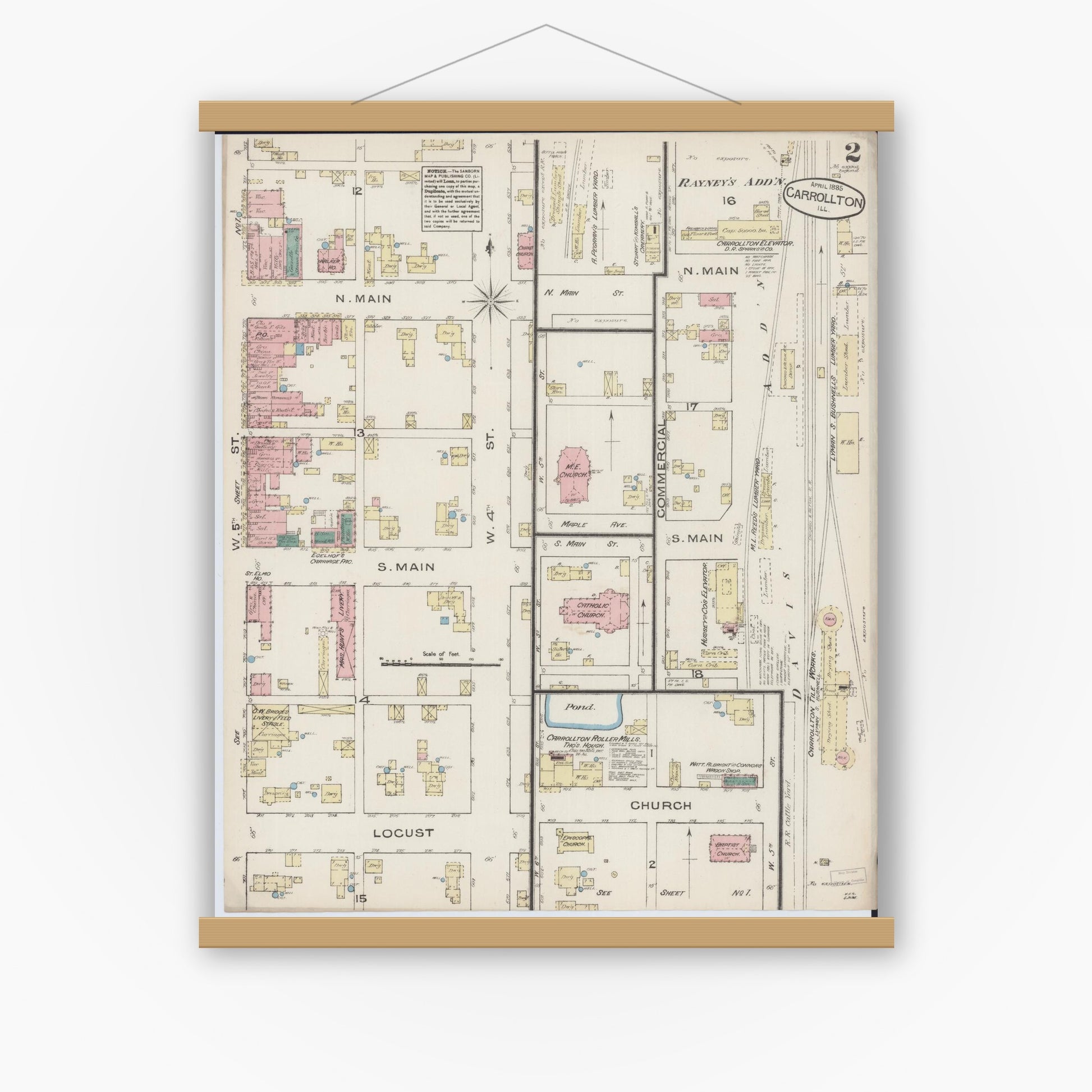Old map wall art mockup — magnetic wood frame on white wall — Sanborn Fire Insurance Map from Carrollton, Greene County, Illinois (1885), Sheet #0002