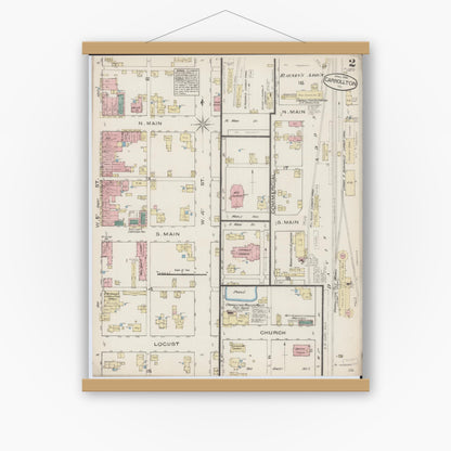 Old map wall art mockup — magnetic wood frame on white wall — Sanborn Fire Insurance Map from Carrollton, Greene County, Illinois (1885), Sheet #0002