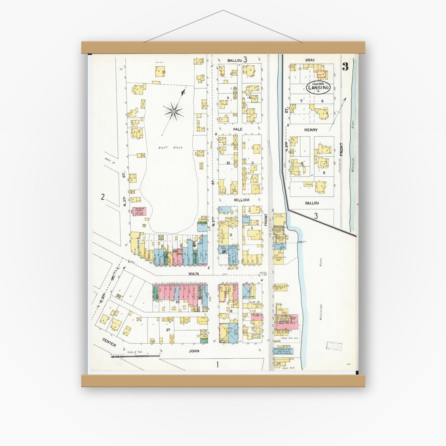 Old map wall art mockup — magnetic wood frame on white wall — Sanborn Fire Insurance Map from Lansing, Allamakee County, Iowa (1902), Sheet #0003