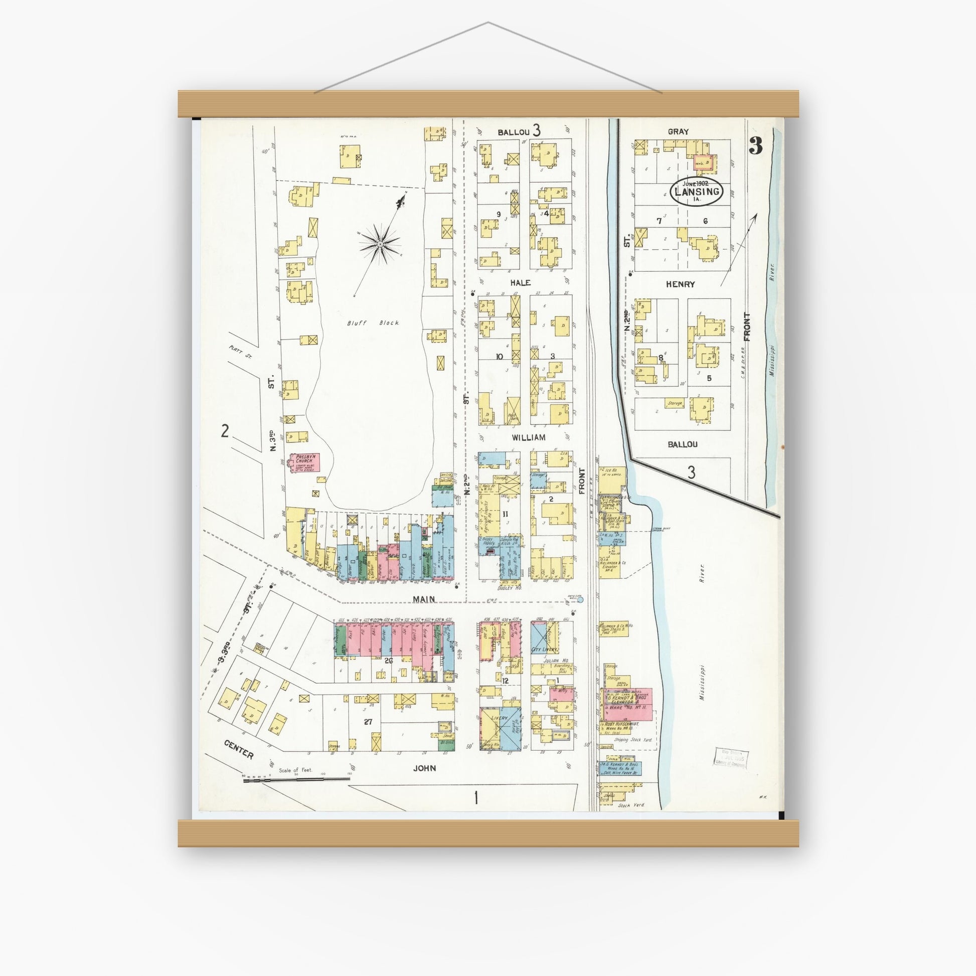 Old map wall art mockup — magnetic wood frame on white wall — Sanborn Fire Insurance Map from Lansing, Allamakee County, Iowa (1902), Sheet #0003