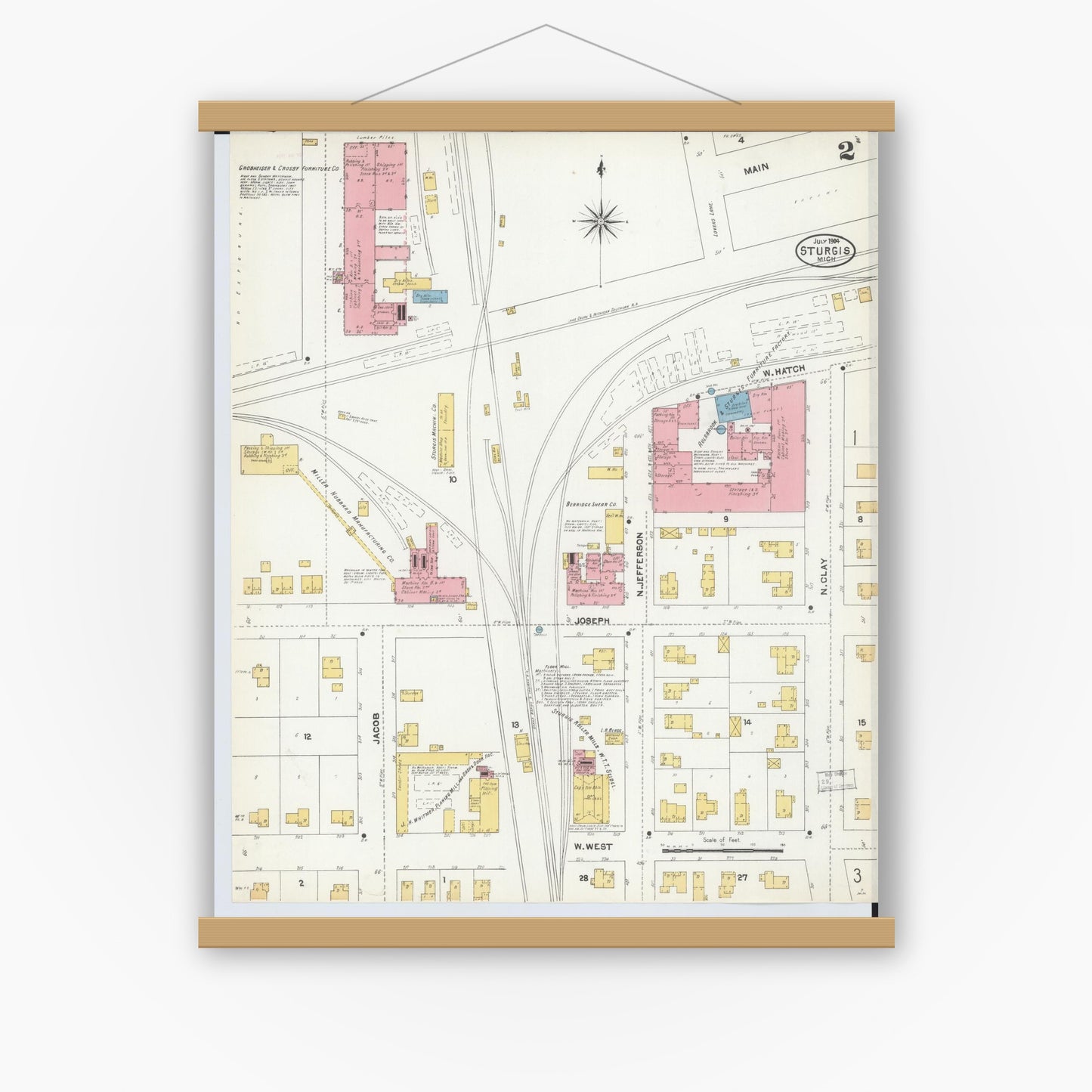 Old map wall art mockup — magnetic wood frame on white wall — Sanborn Fire Insurance Map from Sturgis, Saint Joseph County, Michigan (1904), Sheet #0002