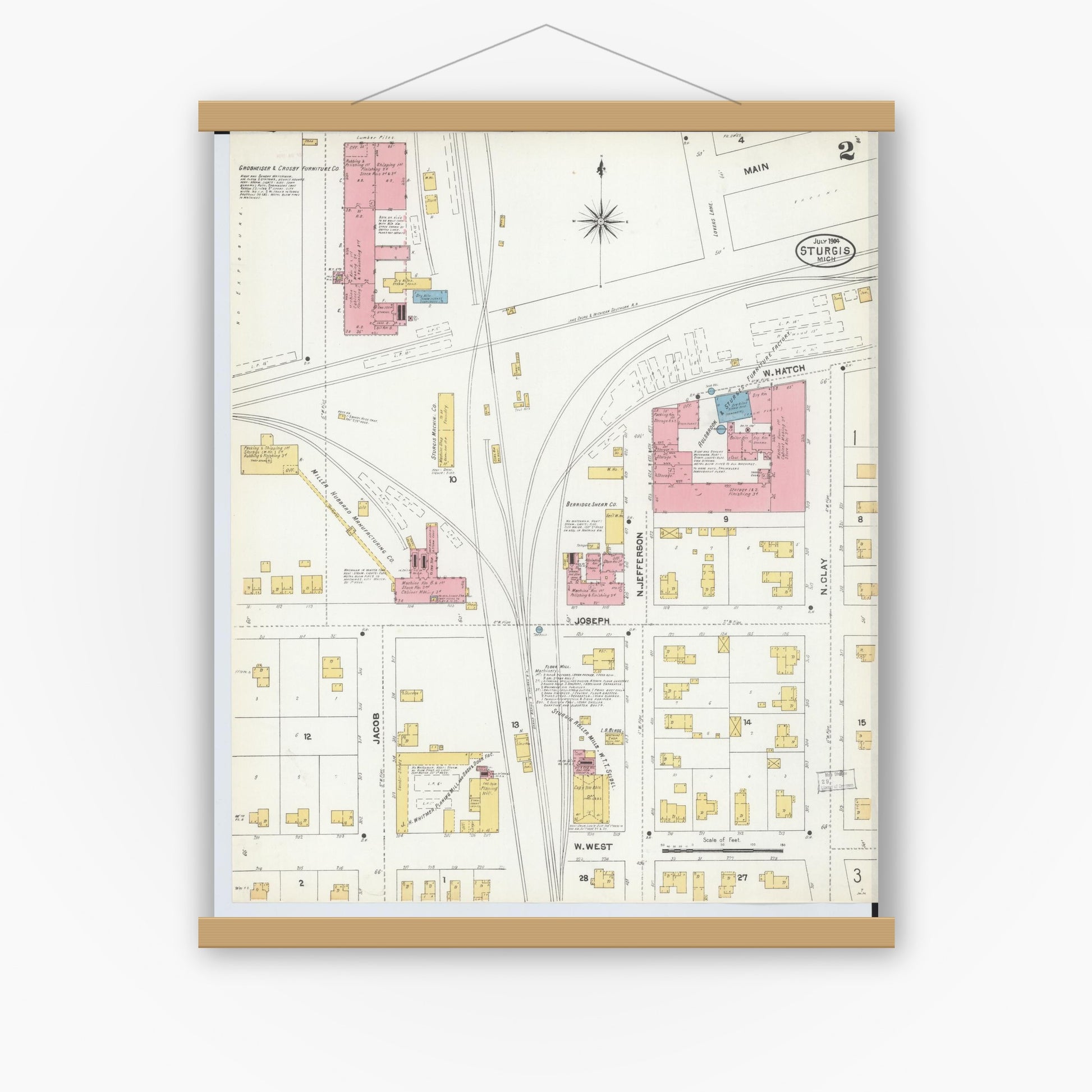 Old map wall art mockup — magnetic wood frame on white wall — Sanborn Fire Insurance Map from Sturgis, Saint Joseph County, Michigan (1904), Sheet #0002