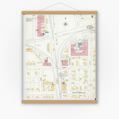 Old map wall art mockup — magnetic wood frame on white wall — Sanborn Fire Insurance Map from Sturgis, Saint Joseph County, Michigan (1904), Sheet #0002