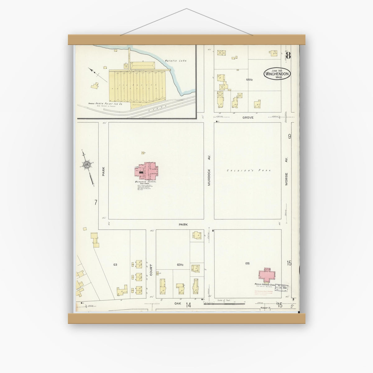 Old map wall art mockup — magnetic wood frame on white wall — Sanborn Fire Insurance Map from Winchendon, Worcester County, Massachusetts (1914), Sheet #0008