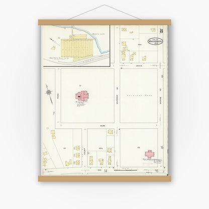 Old map wall art mockup — magnetic wood frame on white wall — Sanborn Fire Insurance Map from Winchendon, Worcester County, Massachusetts (1914), Sheet #0008
