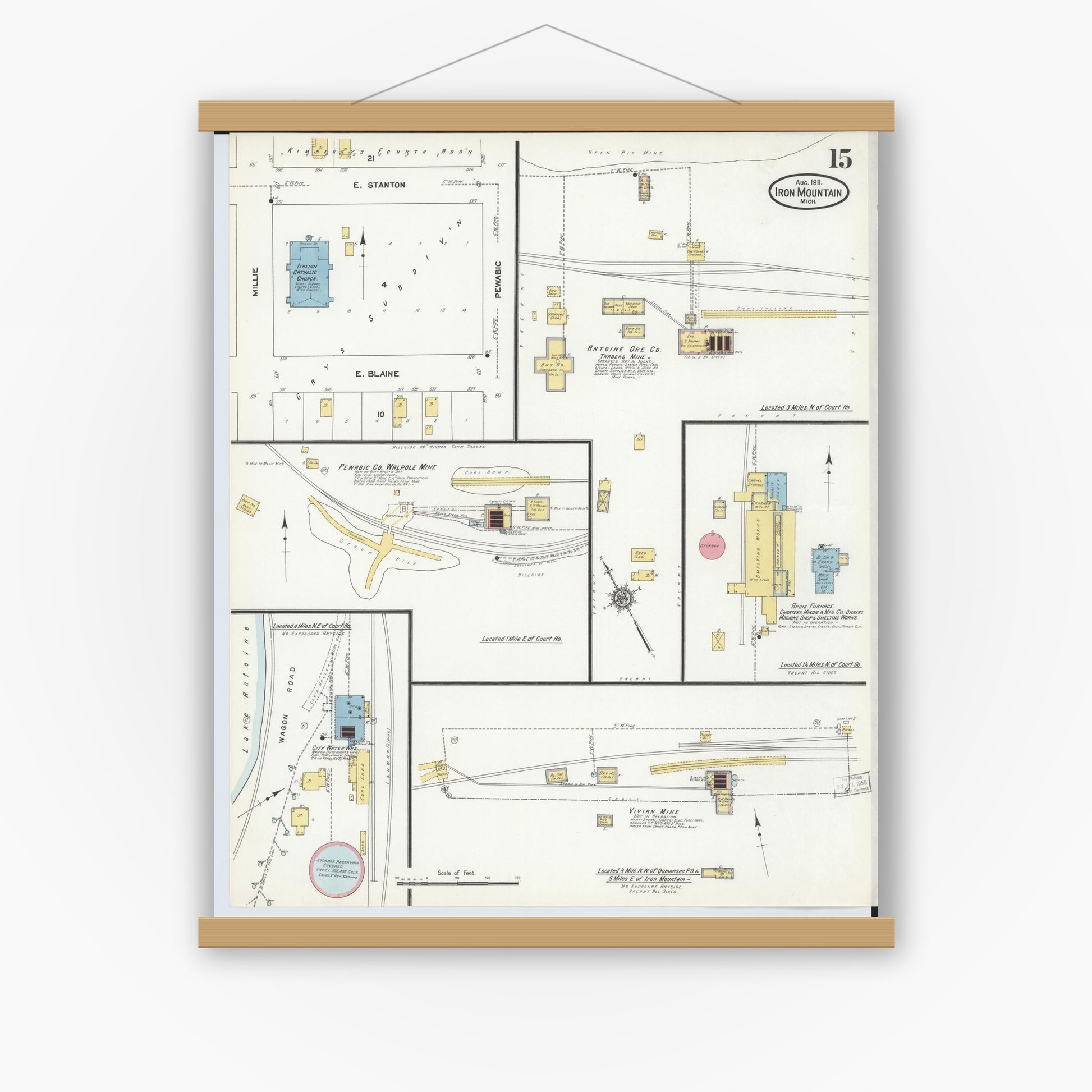 Old map wall art mockup — magnetic wood frame on white wall — Sanborn Fire Insurance Map from Iron Mountain, Dickinson County, Michigan (1911), Sheet #0015