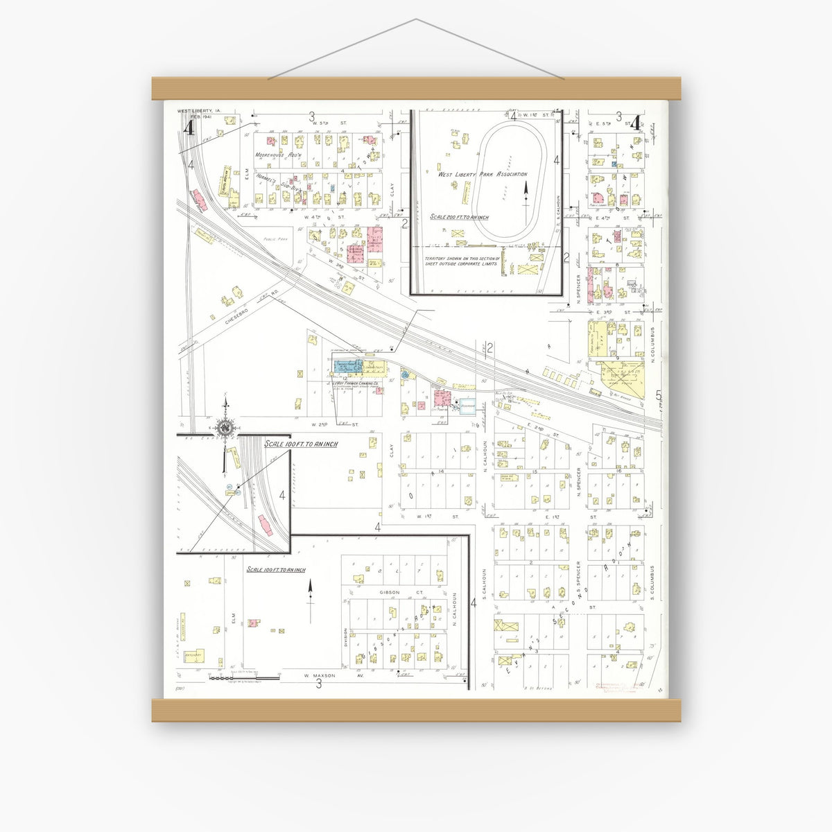 Old map wall art mockup — magnetic wood frame on white wall — Sanborn Fire Insurance Map from West Liberty, Muscatine County, Iowa (1941), Sheet #0004