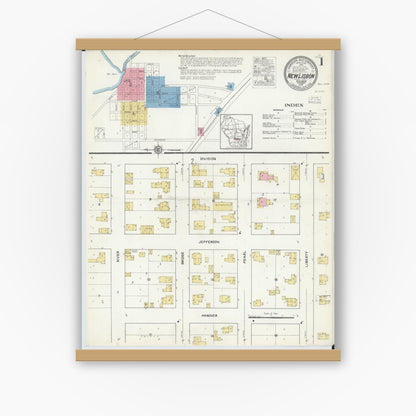 Old map wall art mockup — magnetic wood frame on white wall — Sanborn Fire Insurance Map from New Lisbon, Juneau County, Wisconsin (1916), Sheet #0001