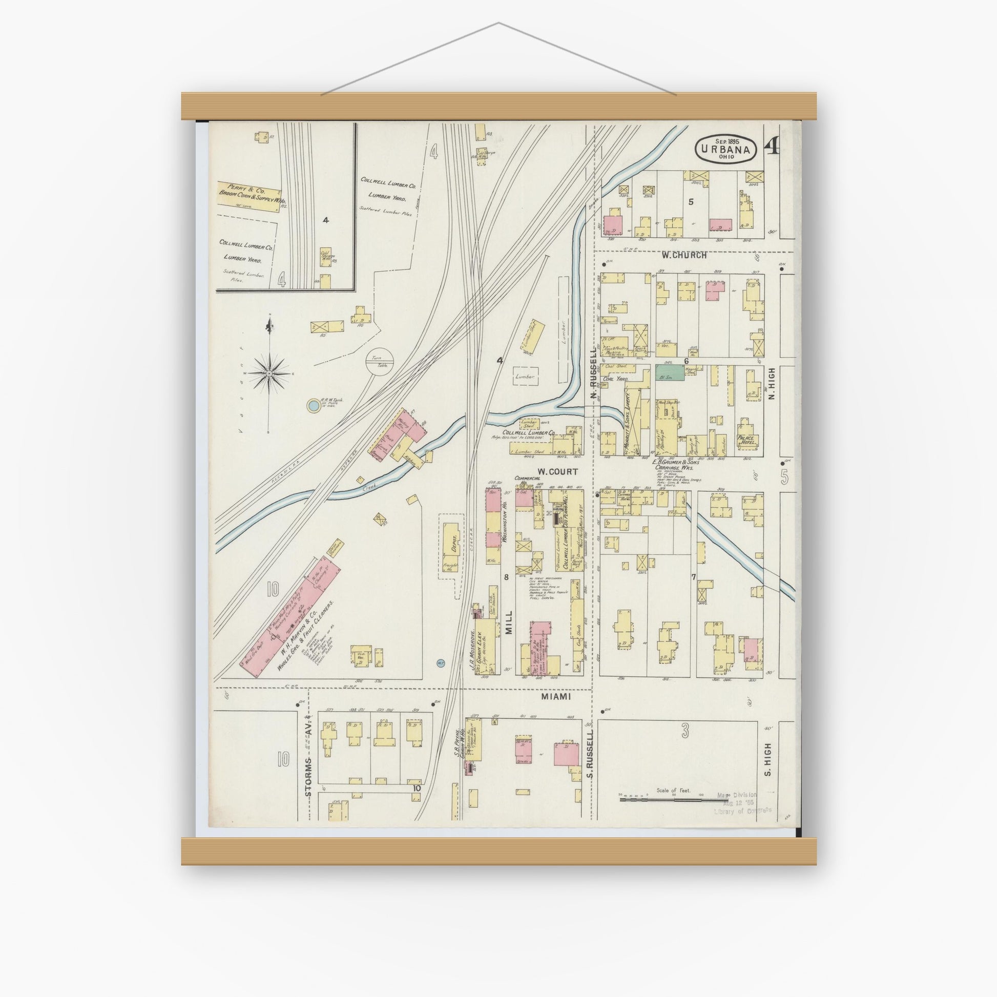 Old map wall art mockup — magnetic wood frame on white wall — Sanborn Fire Insurance Map from Urbana, Champaign County, Ohio (1895), Sheet #0004