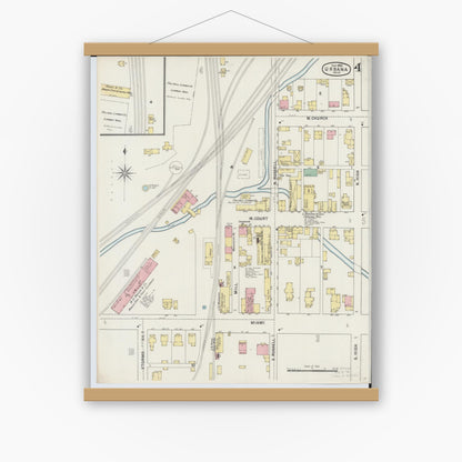 Old map wall art mockup — magnetic wood frame on white wall — Sanborn Fire Insurance Map from Urbana, Champaign County, Ohio (1895), Sheet #0004