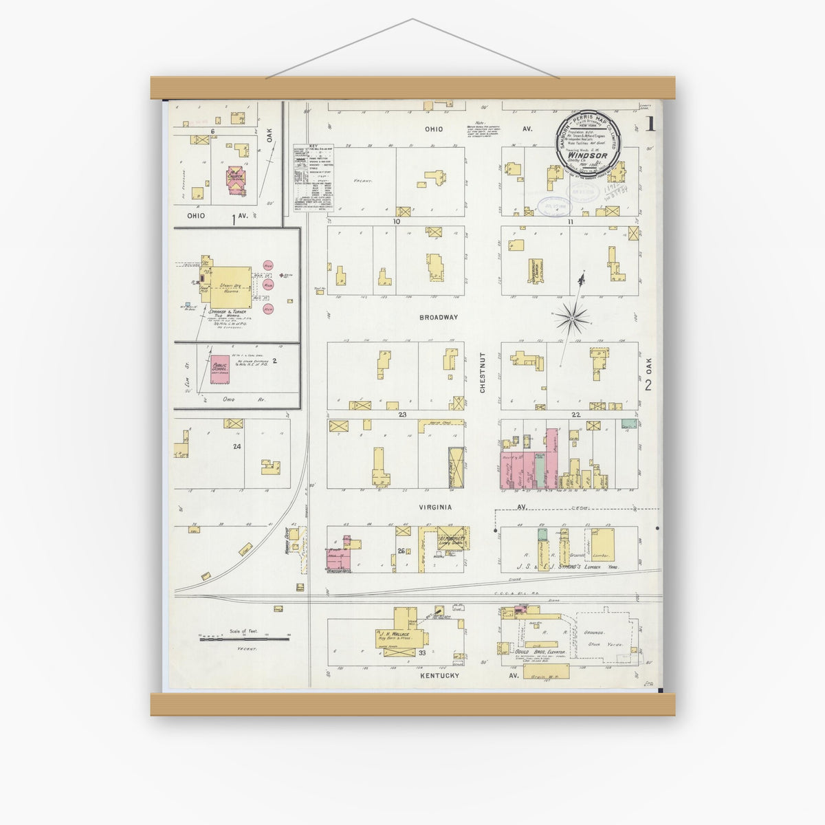 Old map wall art mockup — magnetic wood frame on white wall — Sanborn Fire Insurance Map from Windsor, Shelby County, Illinois (1898), Sheet #0001