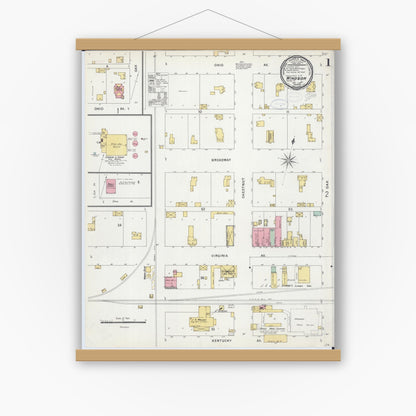 Old map wall art mockup — magnetic wood frame on white wall — Sanborn Fire Insurance Map from Windsor, Shelby County, Illinois (1898), Sheet #0001