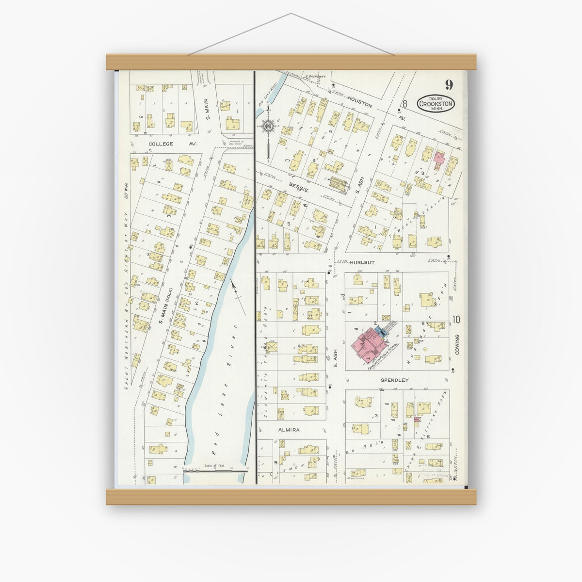Old map wall art mockup — magnetic wood frame on white wall — Sanborn Fire Insurance Map from Crookston, Polk County, Minnesota (1913), Sheet #0009