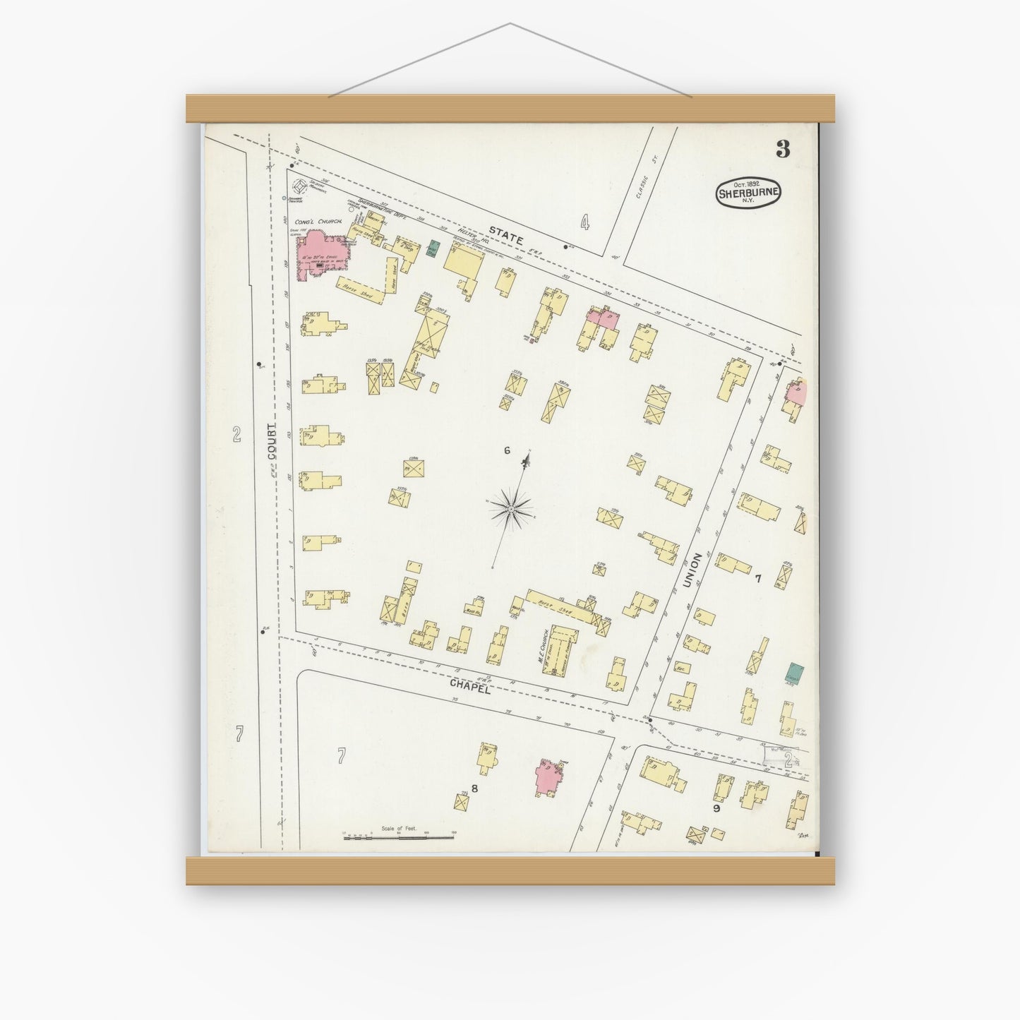 Old map wall art mockup — magnetic wood frame on white wall — Sanborn Fire Insurance Map from Sherburne, Chenango County, New York (1892), Sheet #0003