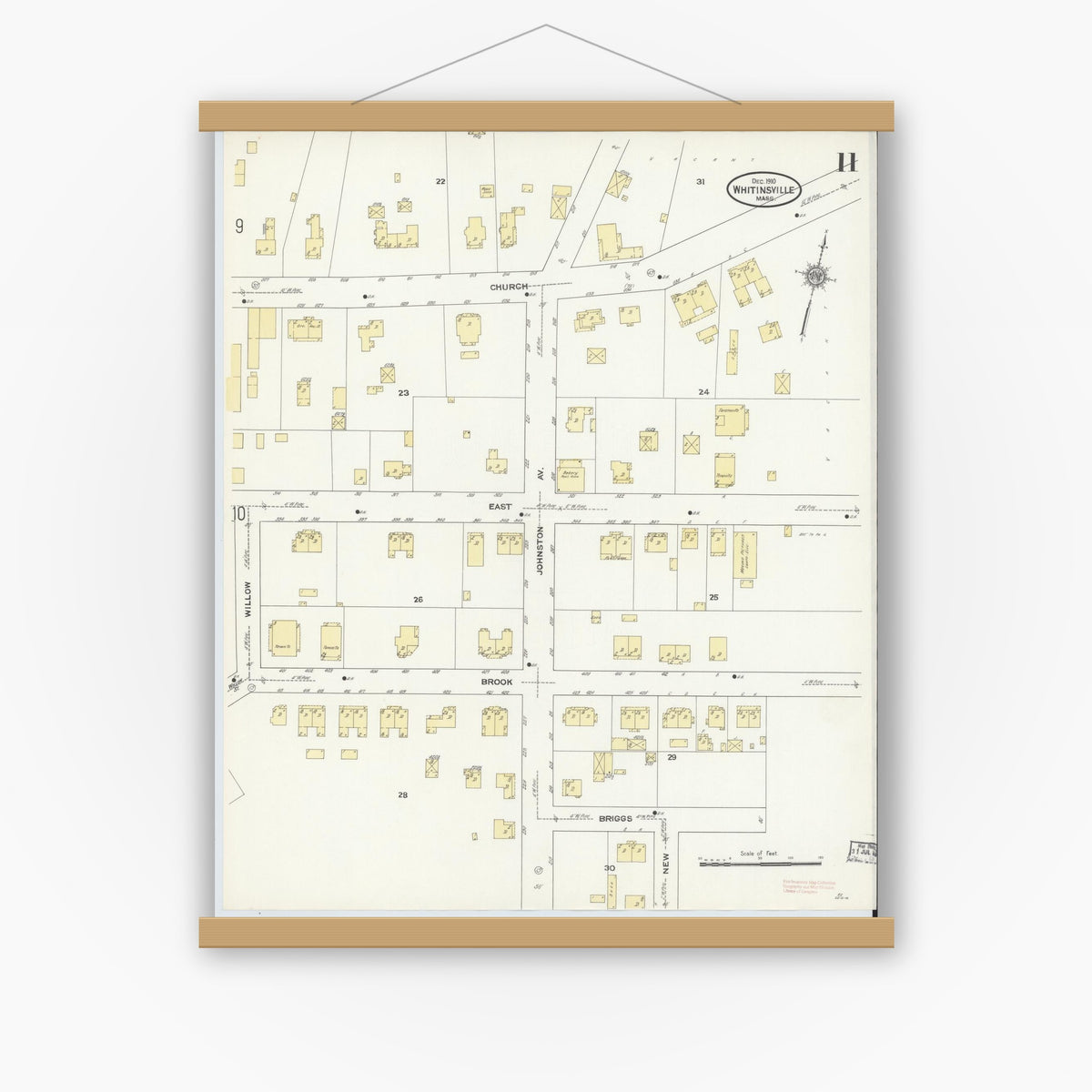 Old map wall art mockup — magnetic wood frame on white wall — Sanborn Fire Insurance Map from Whitinsville, Worcester County, Massachusetts (1910), Sheet #0011