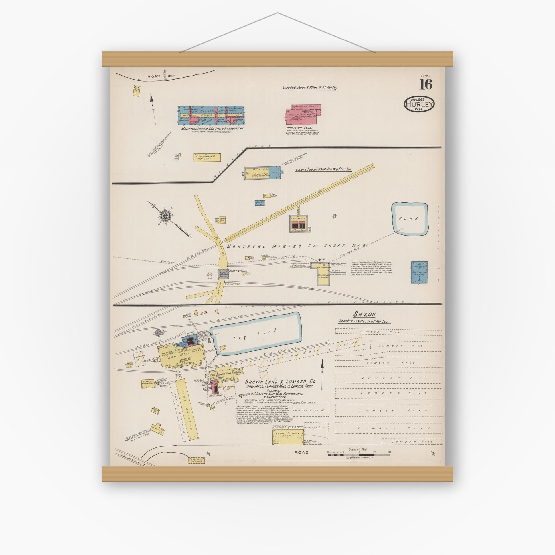 Old map wall art mockup — magnetic wood frame on white wall — Sanborn Fire Insurance Map from Hurley, Iron County, Wisconsin (1922), Sheet #0016