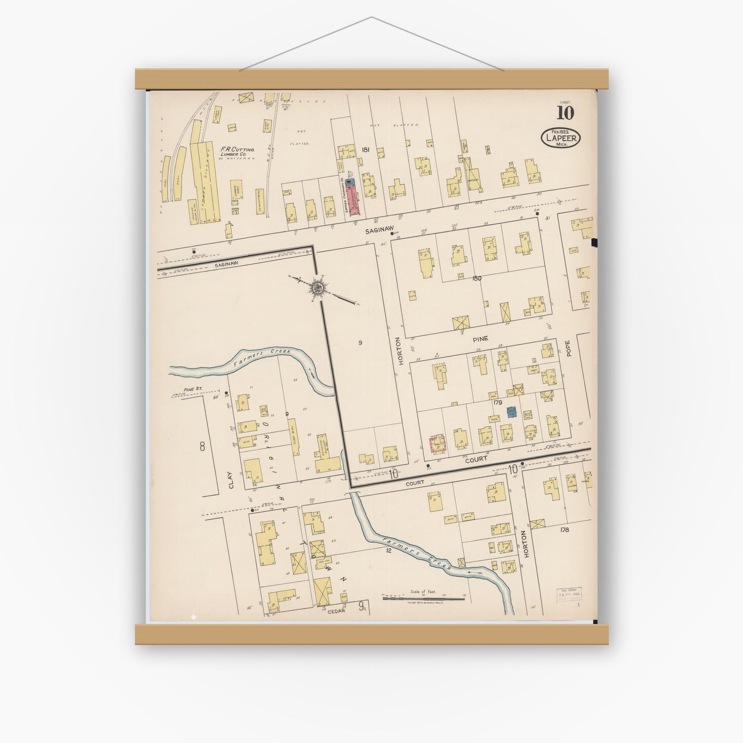 Old map wall art mockup — magnetic wood frame on white wall — Sanborn Fire Insurance Map from Lapeer, Lapeer County, Michigan (1922), Sheet #0010