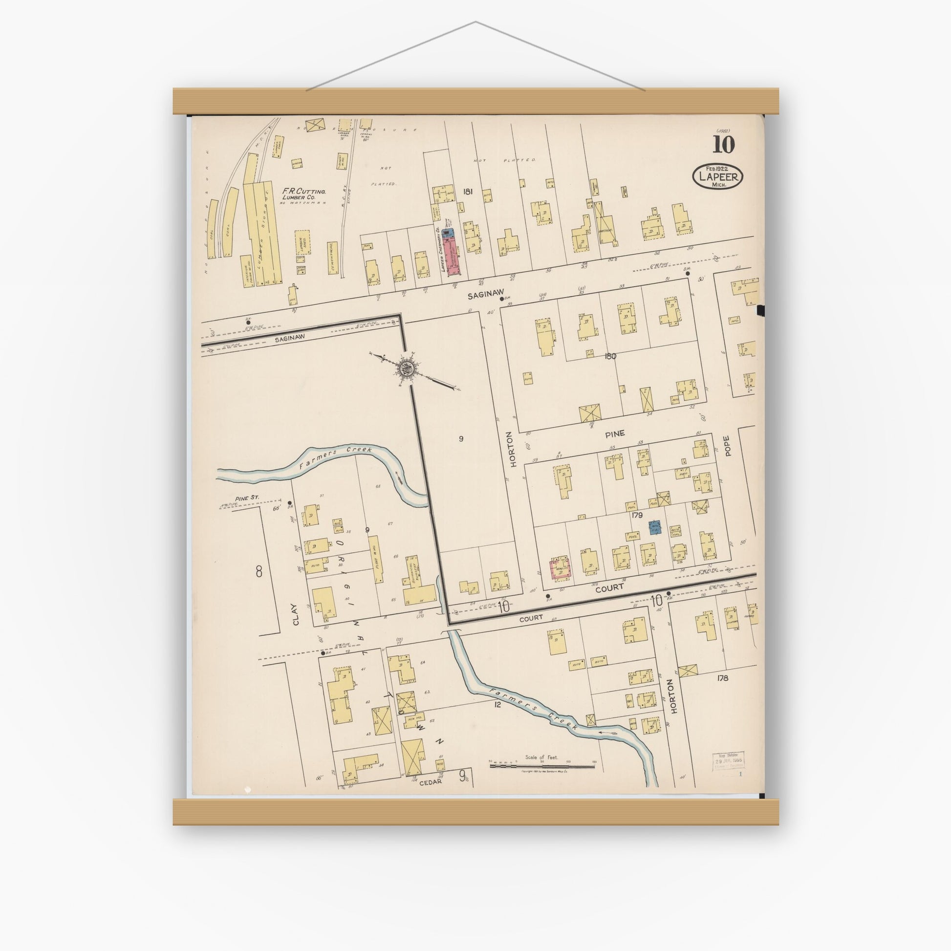 Old map wall art mockup — magnetic wood frame on white wall — Sanborn Fire Insurance Map from Lapeer, Lapeer County, Michigan (1922), Sheet #0010