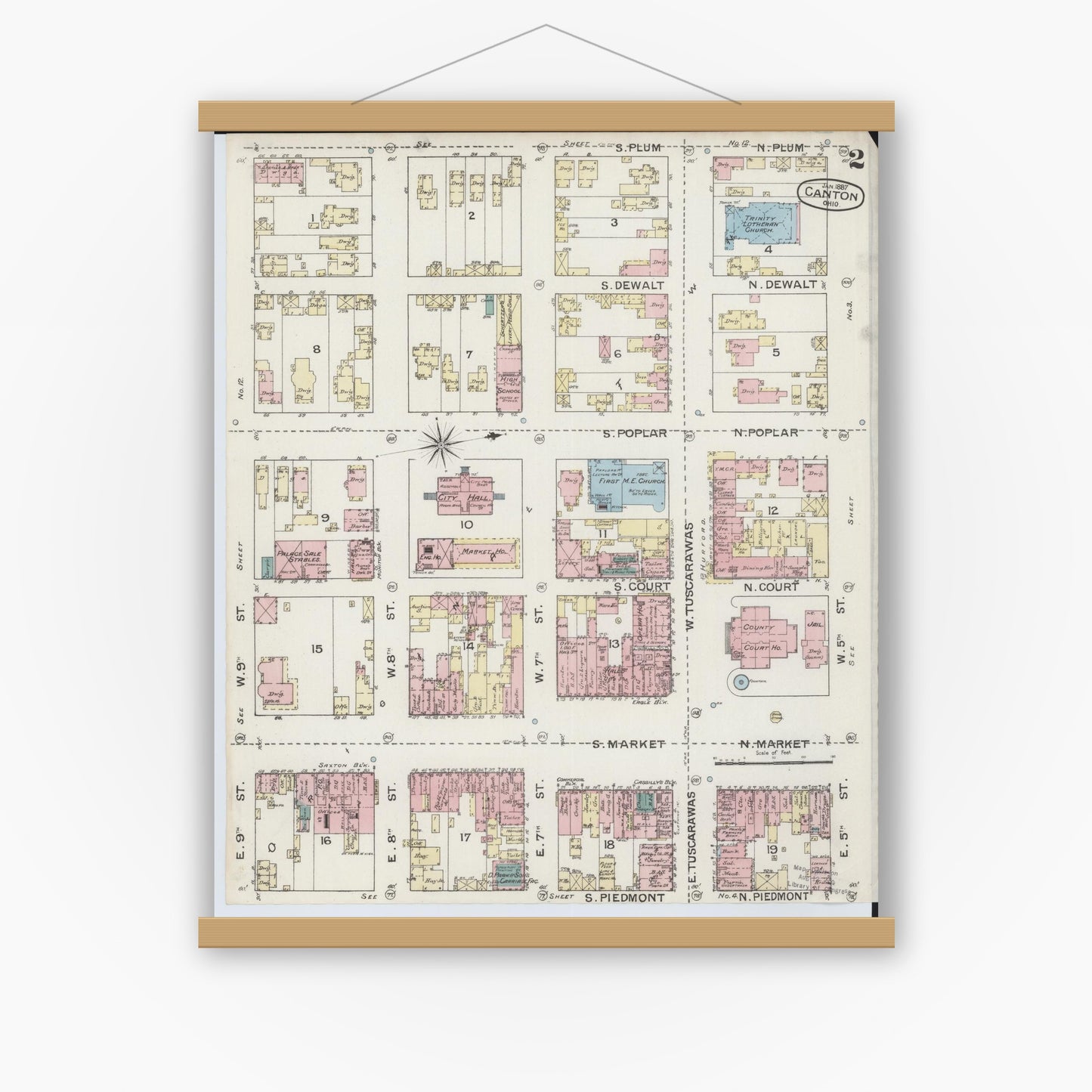 Old map wall art mockup — magnetic wood frame on white wall — Sanborn Fire Insurance Map from Canton, Stark County, Ohio (1887), Sheet #0002