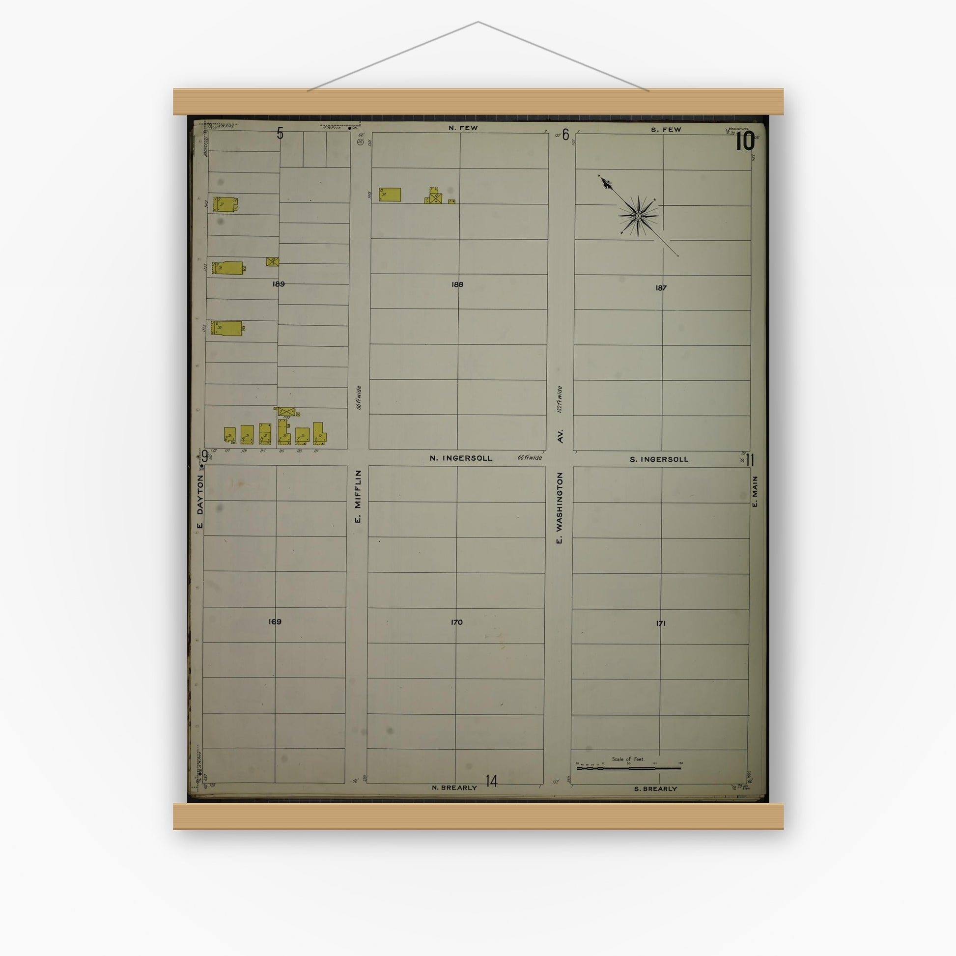 Old map wall art mockup — magnetic wood frame on white wall — Sanborn Fire Insurance Map from Madison, Dane County, Wisconsin (1908), Sheet #0010