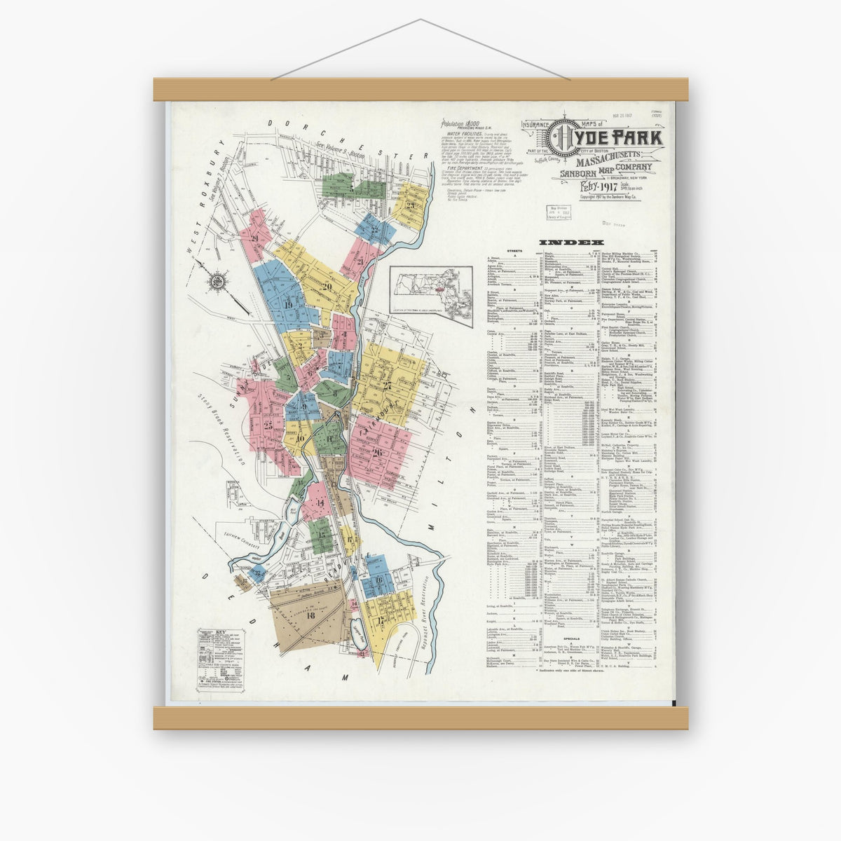 Old map wall art mockup — magnetic wood frame on white wall — Sanborn Fire Insurance Map from Hyde Park, Norfolk County, Massachusetts (1917) - Complete Map Set