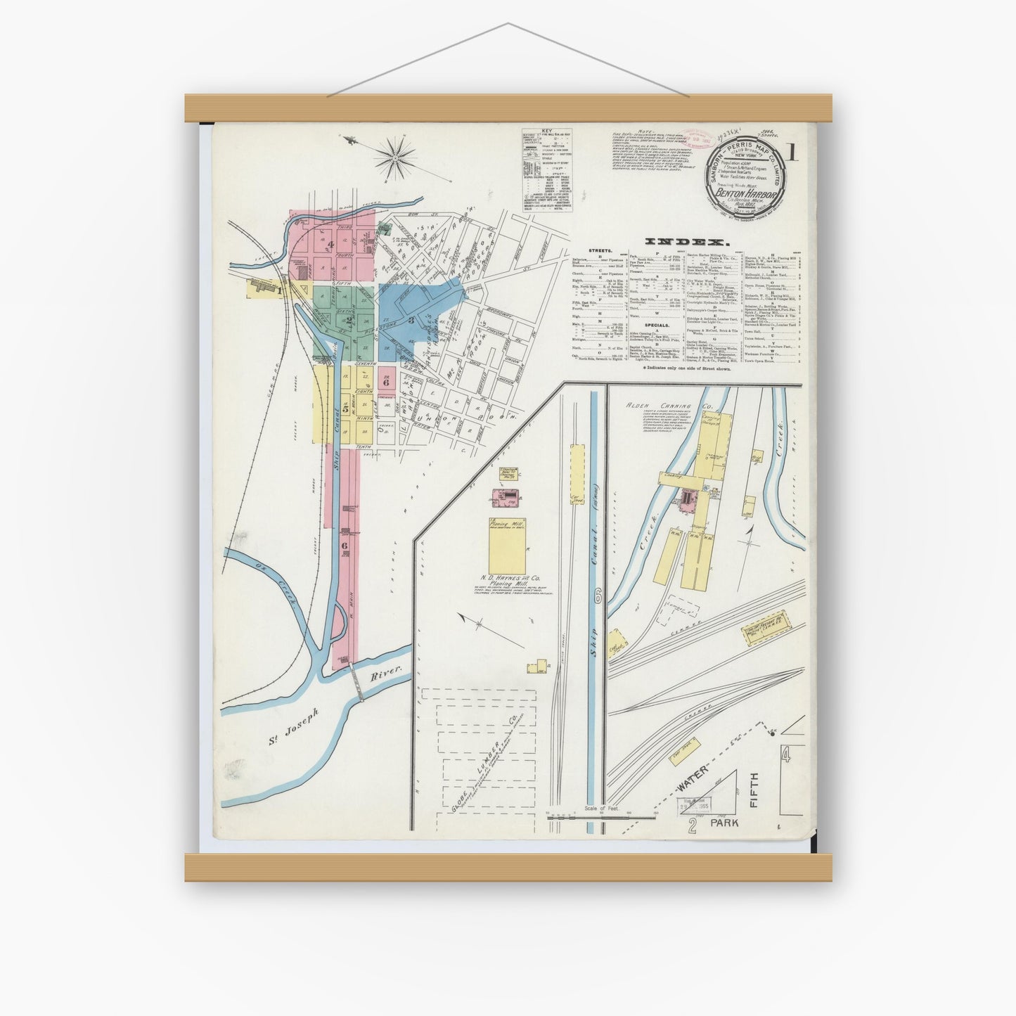 Old map wall art mockup — magnetic wood frame on white wall — Sanborn Fire Insurance Map from Benton Harbor, Berrien County, Michigan (1892), Sheet #0001