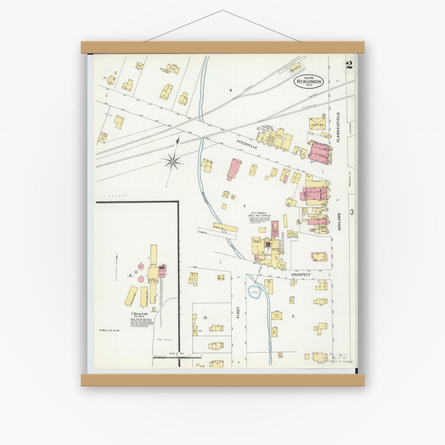 Old map wall art mockup — magnetic wood frame on white wall — Sanborn Fire Insurance Map from New London, Huron County, Ohio (1899), Sheet #0002