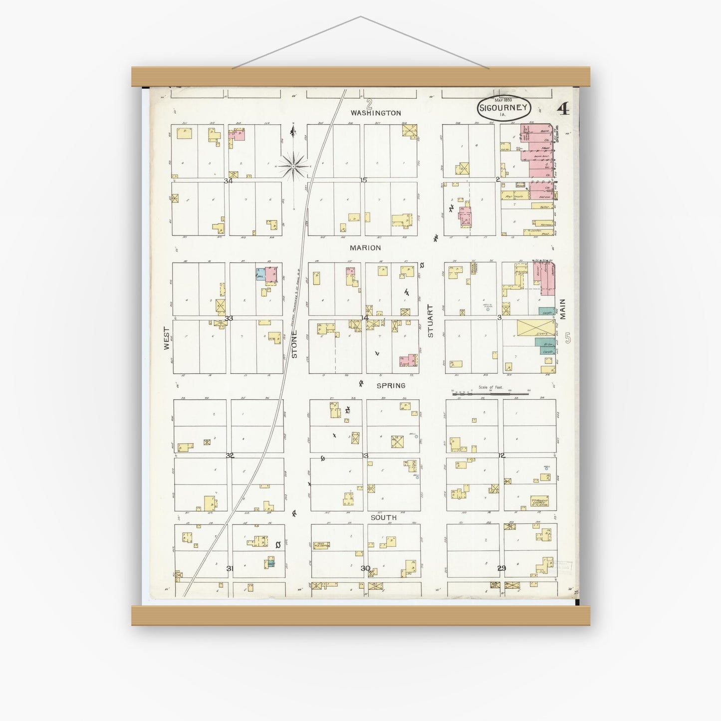 Old map wall art mockup — magnetic wood frame on white wall — Sanborn Fire Insurance Map from Sigourney, Kiokuk County, Iowa (1893), Sheet #0004