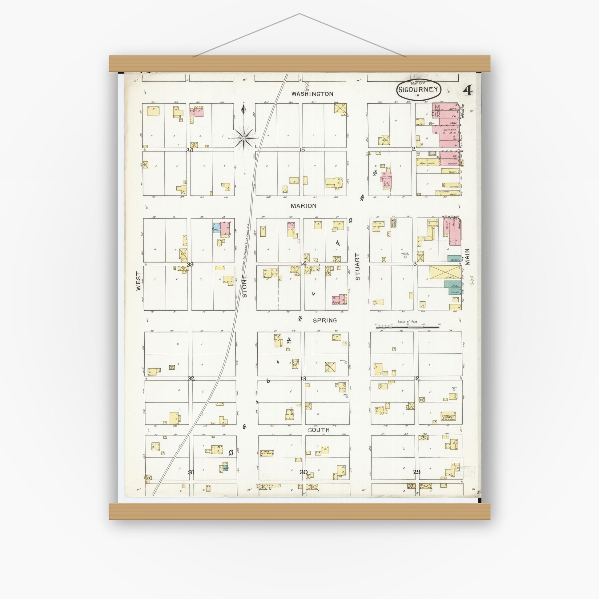 Old map wall art mockup — magnetic wood frame on white wall — Sanborn Fire Insurance Map from Sigourney, Kiokuk County, Iowa (1893), Sheet #0004