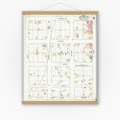 Old map wall art mockup — magnetic wood frame on white wall — Sanborn Fire Insurance Map from Sigourney, Kiokuk County, Iowa (1893), Sheet #0004