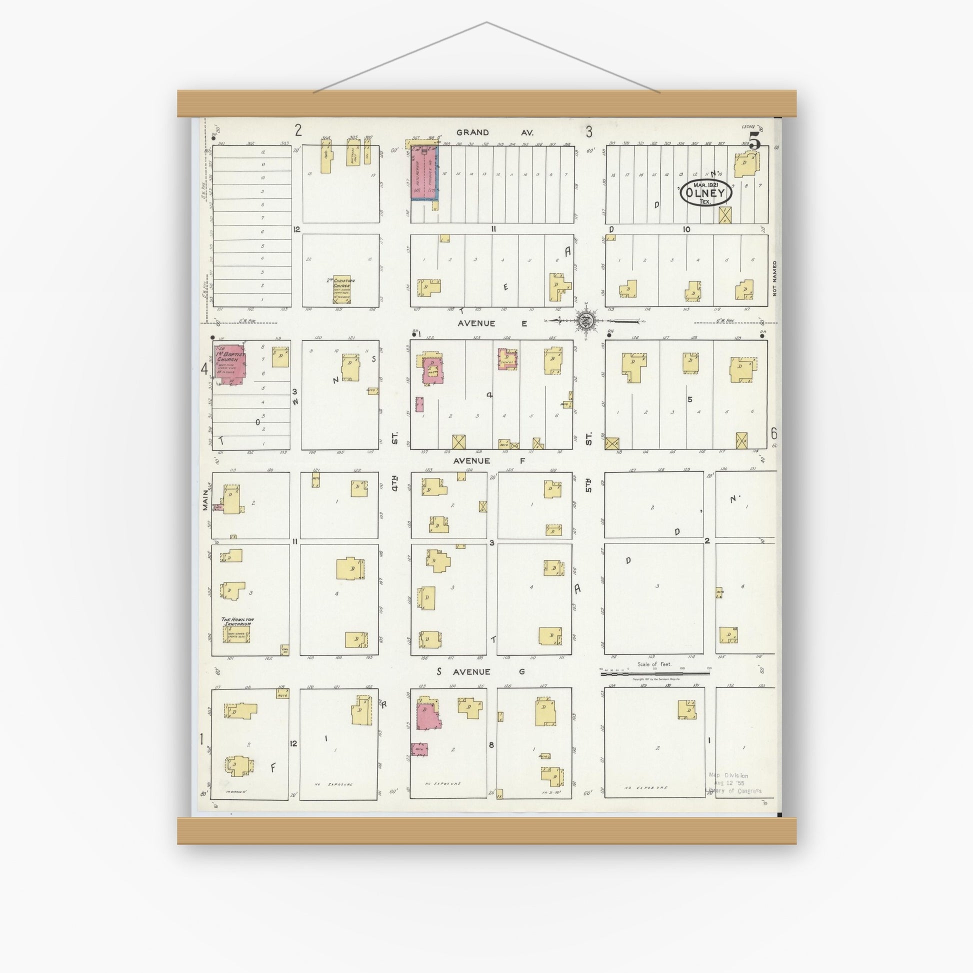 Old map wall art mockup — magnetic wood frame on white wall — Sanborn Fire Insurance Map from Olney, Young County, Texas (1921), Sheet #0005