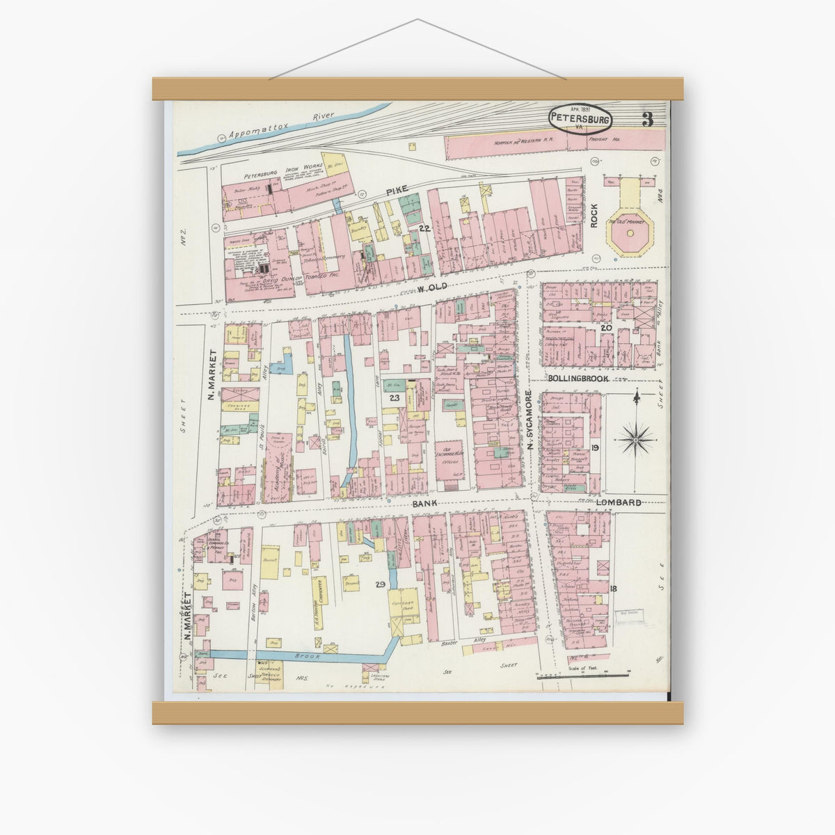 Old map wall art mockup — magnetic wood frame on white wall — Sanborn Fire Insurance Map from Petersburg, Independent Cities, Virginia (1891), Sheet #0003