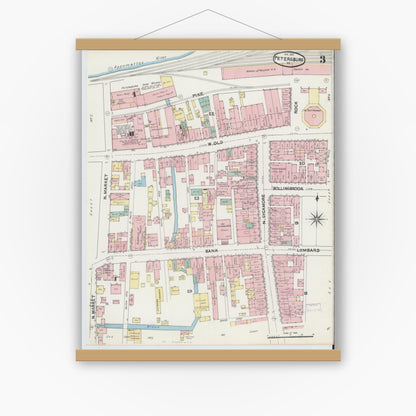 Old map wall art mockup — magnetic wood frame on white wall — Sanborn Fire Insurance Map from Petersburg, Independent Cities, Virginia (1891), Sheet #0003